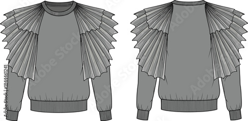 Fashion sweater technical illustration front back views, pleated ruffle sleeves design, modern womens apparel sketch