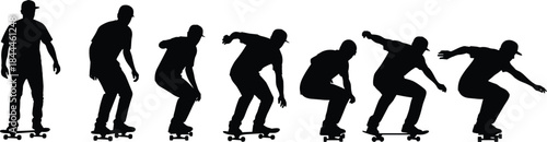 Skateboarder silhouettes performing trick sequence, skateboarding motion phases, urban extreme sport illustration, black figures