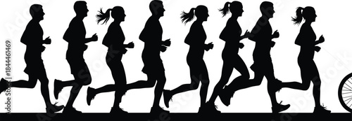 Running people silhouettes jogging together, fitness marathon training concept, active men women runners illustration, black figures