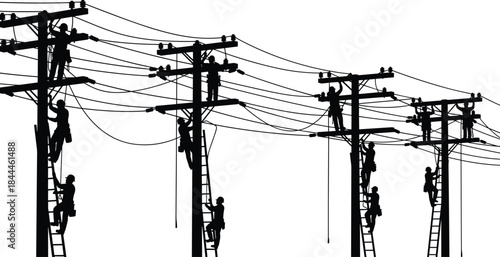 Utility line workers silhouettes repairing power poles, electricity maintenance crew climbing ladders, energy infrastructure illustration