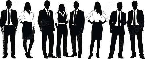 Corporate business team silhouettes standing together, professional office staff illustration, diverse men women, black figures