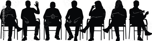 Seated people silhouettes waiting together, meeting audience panel concept, diverse men women sitting illustration, chairs