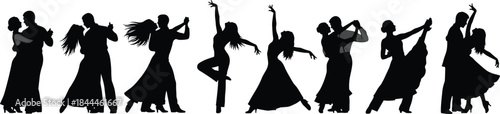 Ballroom dance silhouettes couples performing tango waltz salsa, elegant dancers poses, black figures illustration set