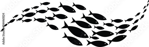 Minimalist illustration of a large school of fish creating a flowing wave shape