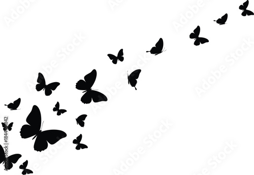 A flock of black butterfly silhouettes flying diagonally across a white background.