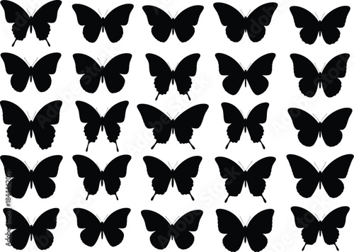 Various black butterfly silhouettes creating a repeating pattern on a plain white background