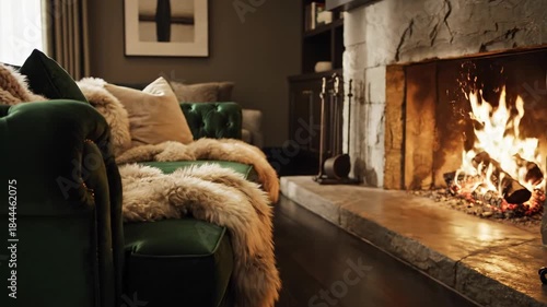 Establishing wide shot of an empty plush velvet sofa draped with soft blankets situated near a glowing stone hearth in a sophisticated and cozy interior success, relaxation, textiles