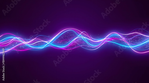 Digital abstract waveform creates a glowing blue and purple waves design with elegant curves.