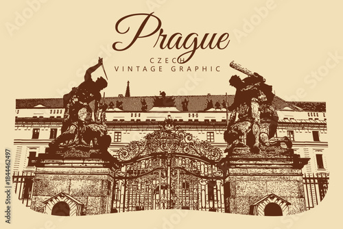 City ancient architecture, Prague, Czech Republic. Vintage brown and beige graphics, engraved, vector. Old retro design.