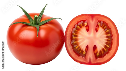 A whole ripe red tomato and a perfectly halved tomato revealing its juicy interior and seeds isolated on transparent background