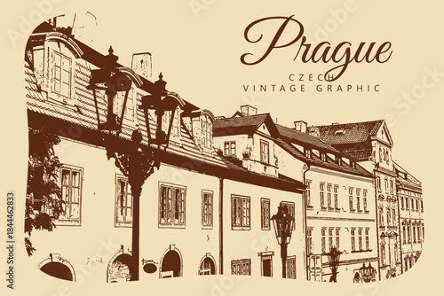 City ancient architecture, Prague, Czech Republic. Vintage brown and beige graphics, engraved, vector. Old retro design.