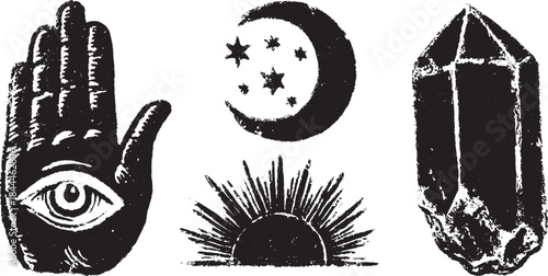 Mystical symbols illustration featuring an eye, hand, moon, stars, sun, and crystal in a black and white vector set. This design embodies spiritual themes.