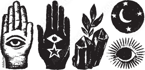 Mystical symbols including an eye and hand in a boho style. Simple black and white vector illustration featuring crystals and plants in a cohesive set.