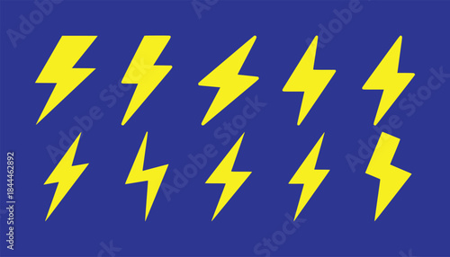 Collection of bright yellow lightning bolt icons on a deep blue background-vector illustration