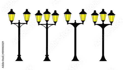 Collection of vintage street lamps with glowing yellow lights on white background-vector illustration
