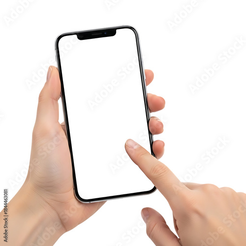 Close up of a person s hand holding a modern smartphone with a blank white screen and a finger touching the display isolated on transparent background