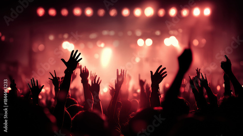 A vibrant concert scene shows enthusiastic silhouettes raising hands towards the stage bathed in a dynamic and electrifying red light display, energizing the atmosphere.
