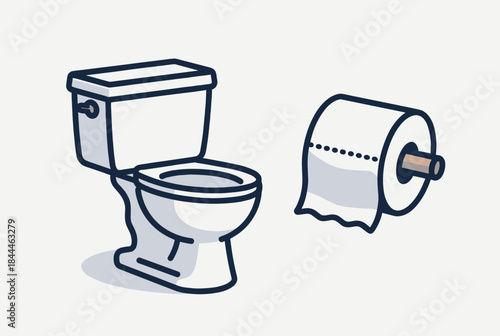 A simple line art illustration of a white toilet and a roll of toilet paper on a holder.