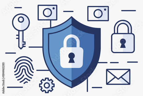A blue shield with a white padlock at its center, surrounded by various digital security icons including a key, fingerprint, gear, email, and cameras, representing data protection and cybersecurity.