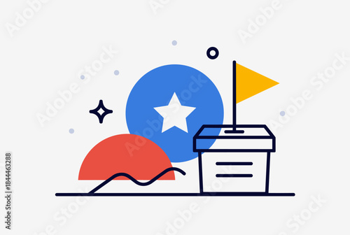 Abstract illustration of a ballot box with a flag, a star badge, and geometric shapes, representing voting or achievement.