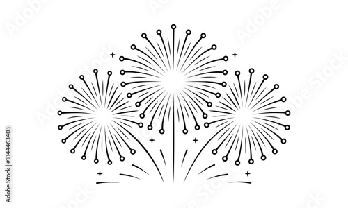 Elegant black and white fireworks bursts line art design for festive celebration events and new year