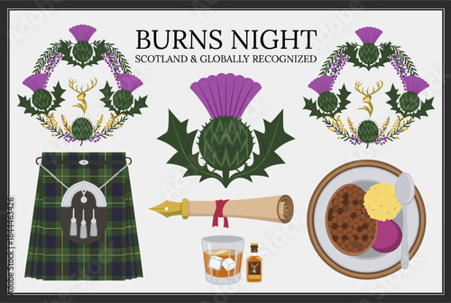 A collection of Scottish symbols and elements associated with Burns Night, including a kilt, thistle, whisky, haggis, and a scroll.