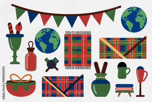 A collection of festive and cultural items including tartan blankets, globes, bunting, and decorative vases.