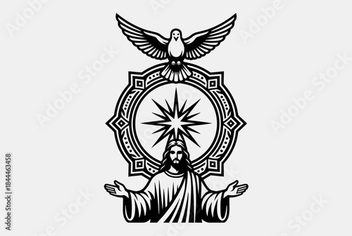 Black and white illustration of Jesus Christ with outstretched arms, a radiant star emblem, and a dove representing the Holy Spirit.
