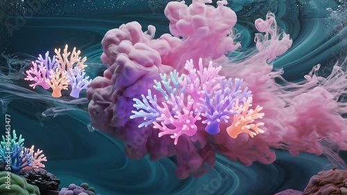 Ethereal abstract fluid simulation showing gentle current carrying illuminated pastel coral shapes floating effortlessly through deep teal and soft pink underwater environments soft, fantasy, design