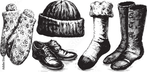 Cozy winter clothing illustration featuring mittens, hat, boots, socks, and shoes. Vintage knitted design in a black and white vector illustration set.
