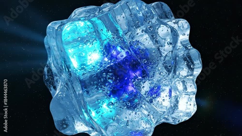 Ethereal abstract ice block slowly pulsing with an internal cyan and sapphire glow against an infinitely deep space black background minimal, cold, slowly