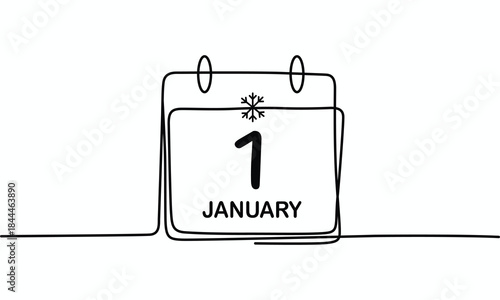 Minimalist continuous oneline drawing of a calendar showing January first and a snowflake icon for winter events