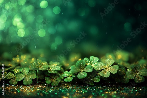 A captivating view of glistening clover leaves against a blurred green background
