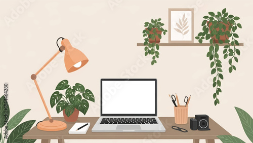 Modern Desk with Laptop and Office Supplies.