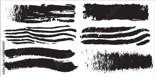 Black brush strokes create an artistic background. This unique vector illustration features simple patterns in a modern design set.