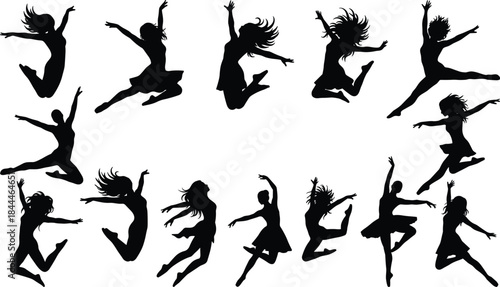 Dancer silhouette set, airborne pose vector pack, editable, isolated, leap, spin, motion, black figure icons, expressive movement