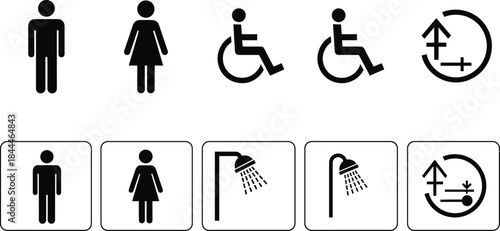 Facility and accessibility icons, restroom signage vector set, editable, isolated, gender, shower, wheelchair, black universal symbols
