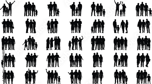Family silhouette set, diverse group icons, editable, isolated, parent child poses, interaction, affection, black vector, social design