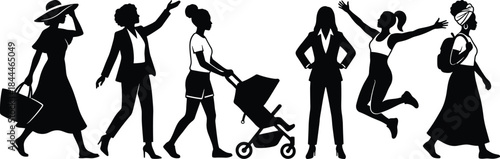 Female role silhouette set, lifestyle vector pack, editable, isolated, fashion, career, motherhood, travel, empowerment, black icons
