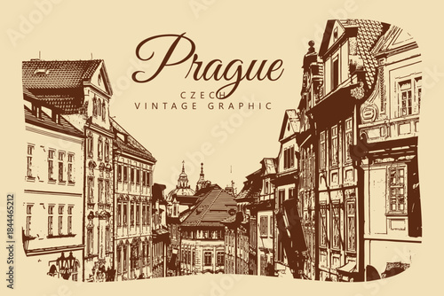 City ancient architecture, Prague, Czech Republic. Vintage brown and beige graphics, engraved, vector. Old retro design.