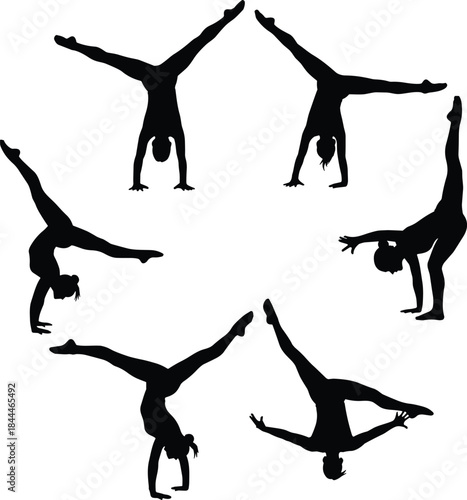 Cartwheel silhouette sequence, human motion vector set, editable, isolated, dynamic pose, black figure icons, athletic movement, balance