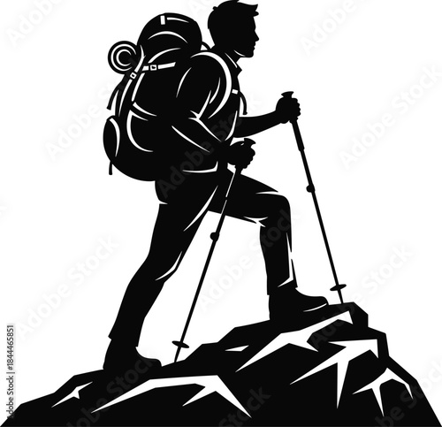 Hiker silhouette on rocky terrain, backpack trekking pose, editable, isolated, adventure icon, black vector, outdoor, exploration, climb