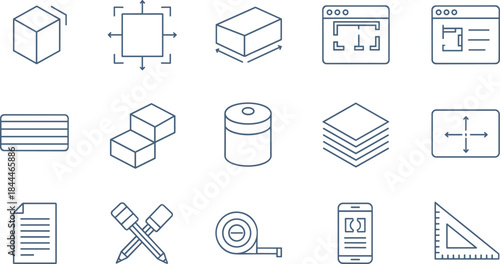 Outline icon set for architecture, construction, and engineering planning, featuring blueprints, cubes, measurement, drawing tools, and material layers, representing building and design processes.