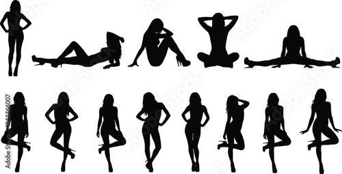 Human posture silhouettes, seated and standing poses, editable, isolated, black figure icons, gesture, anatomy, fashion, art reference