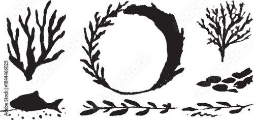 Black corals and plants illustration showcasing underwater life. Simple nature vector set highlighting marine elements.