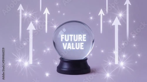 Future value crystal ball to glow lavender sparkle evoking optimistic prediction and growth minimalist composition with soft background and upward arrow inspiring confidence