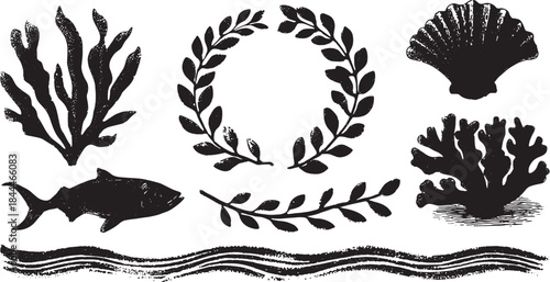 Illustration of seaweed, coral, and fish in black. Simple and flat vector set showcasing aquatic elements with waves and leaves for eco-friendly designs.