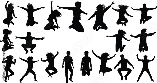 Jumping silhouette set, dynamic human poses, editable, isolated, motion vector, black figure icons, gesture, energy, expression