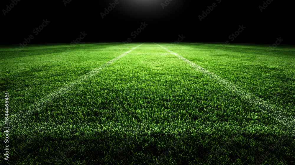 Obraz premium Illuminated lush green grass field stretches into the darkness, marked by pristine white lines, creating a sense of vastness and anticipation for the game ahead.