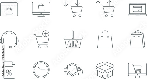 Outline icon set for e-commerce, online shopping, delivery, customer support, and purchasing, featuring 